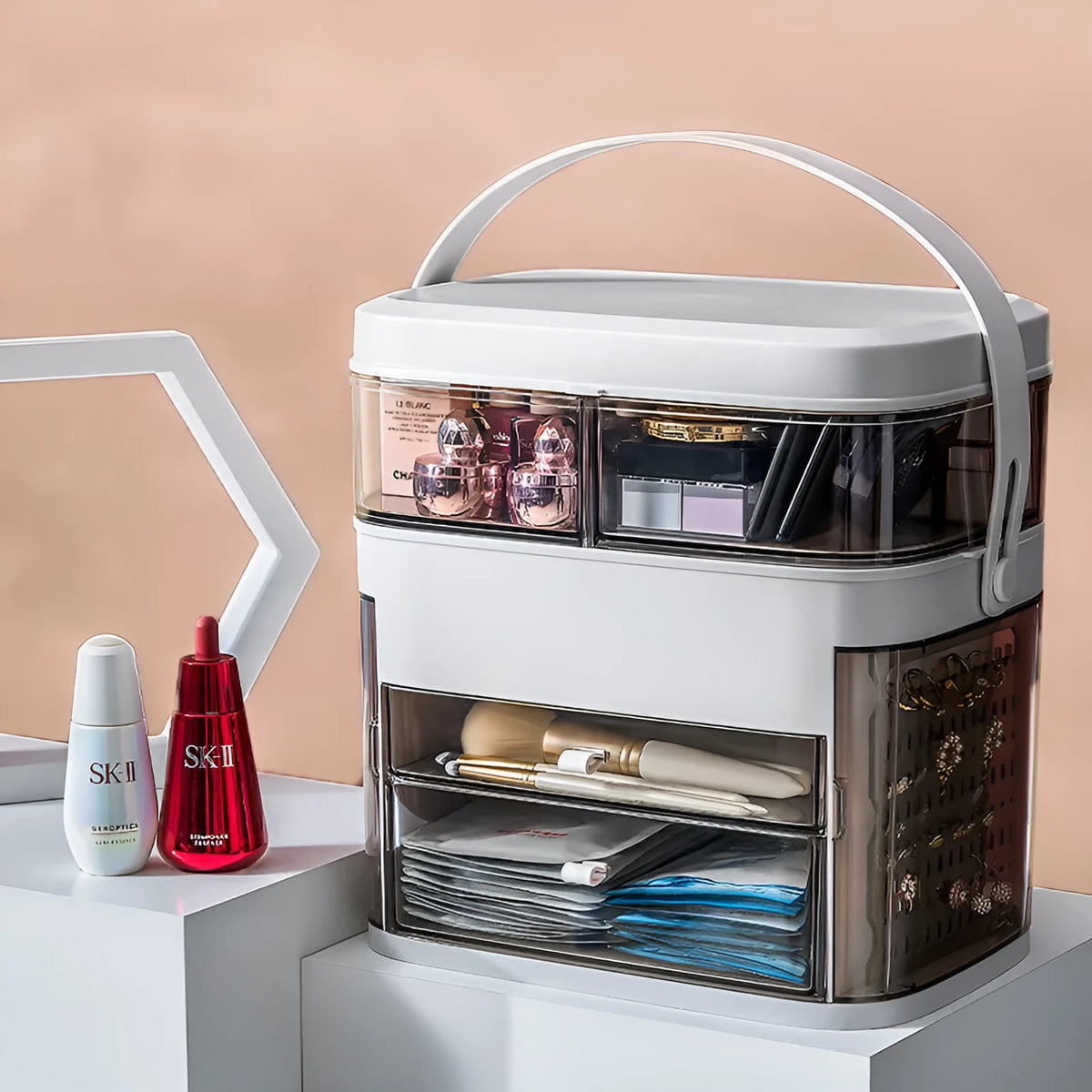 LED makeup organizer box with mirror and jewellery rack in PP and TPE, shown in apricot, grey, pink and white colour options