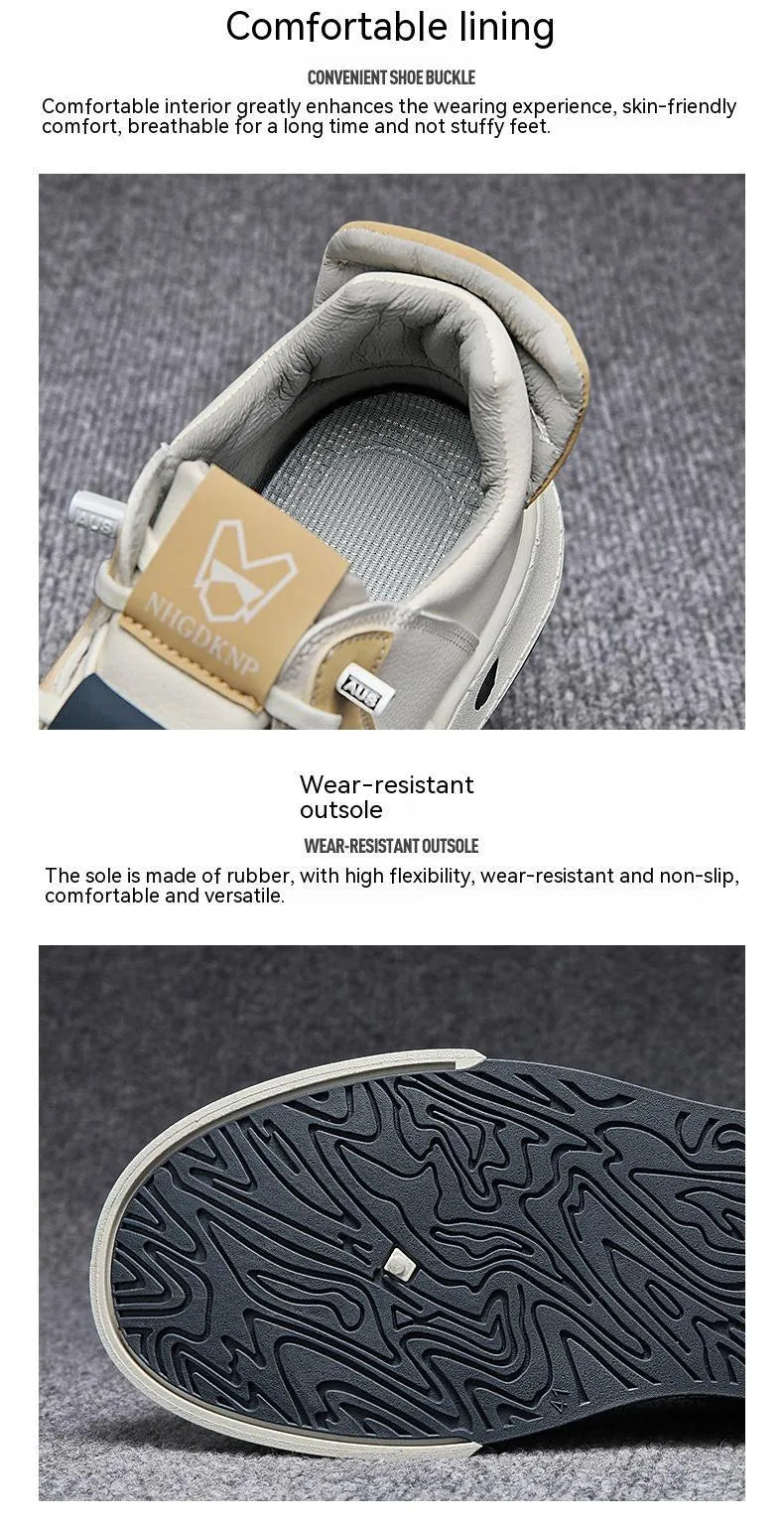Men's beige casual sneakers with elastic band closure and leather stitching detail