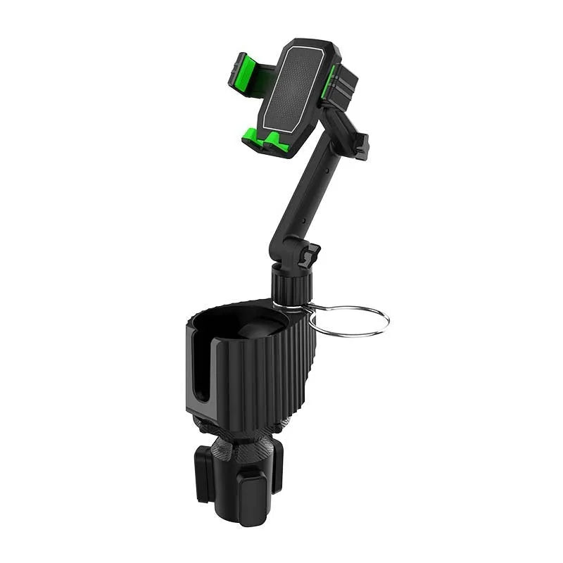 Green car centre console organiser with drink holder, kettle cradle, and mobile phone mount.