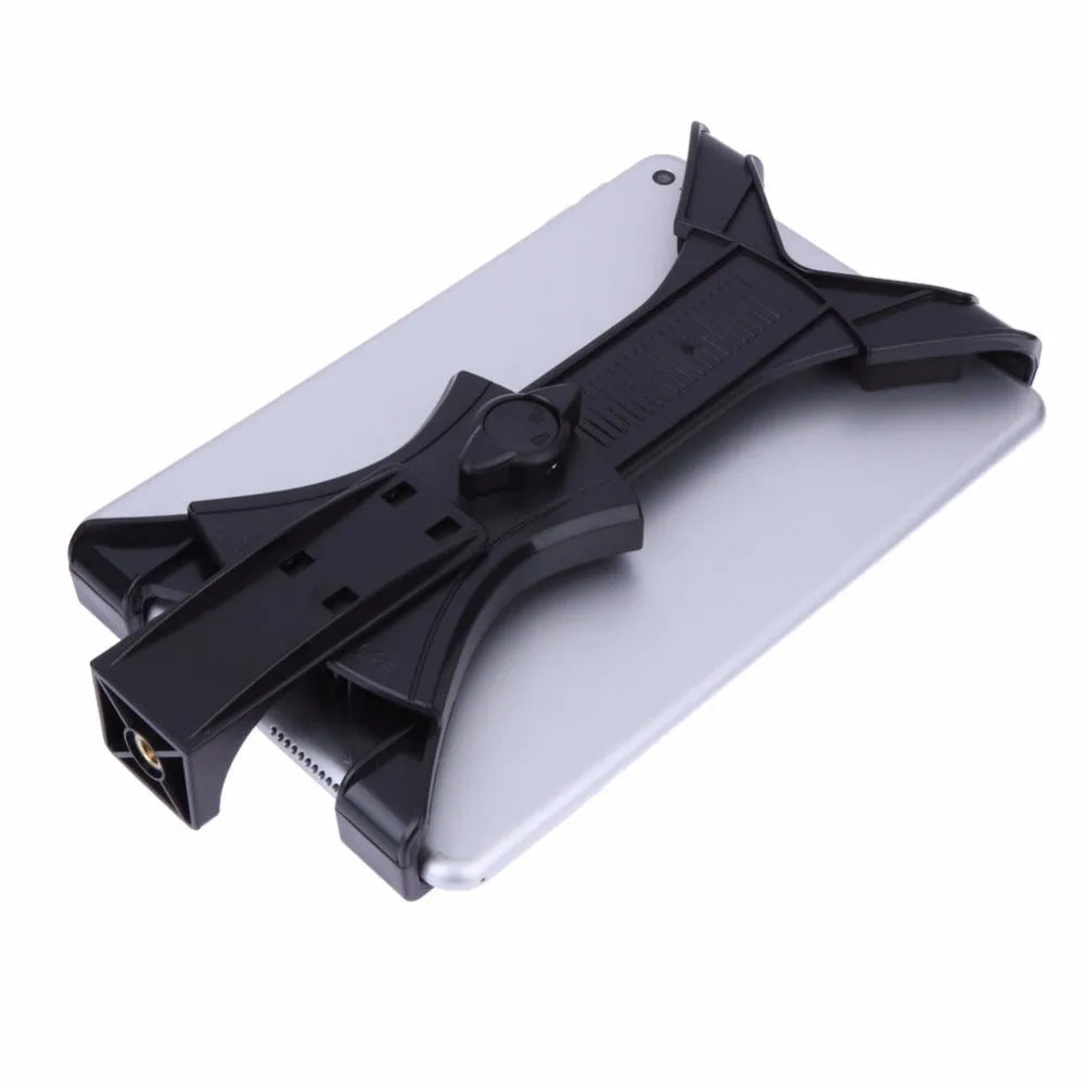 Black ABS tablet stand with 1/4 inch screw mount, adjustable width 12.5-20cm, on a tripod