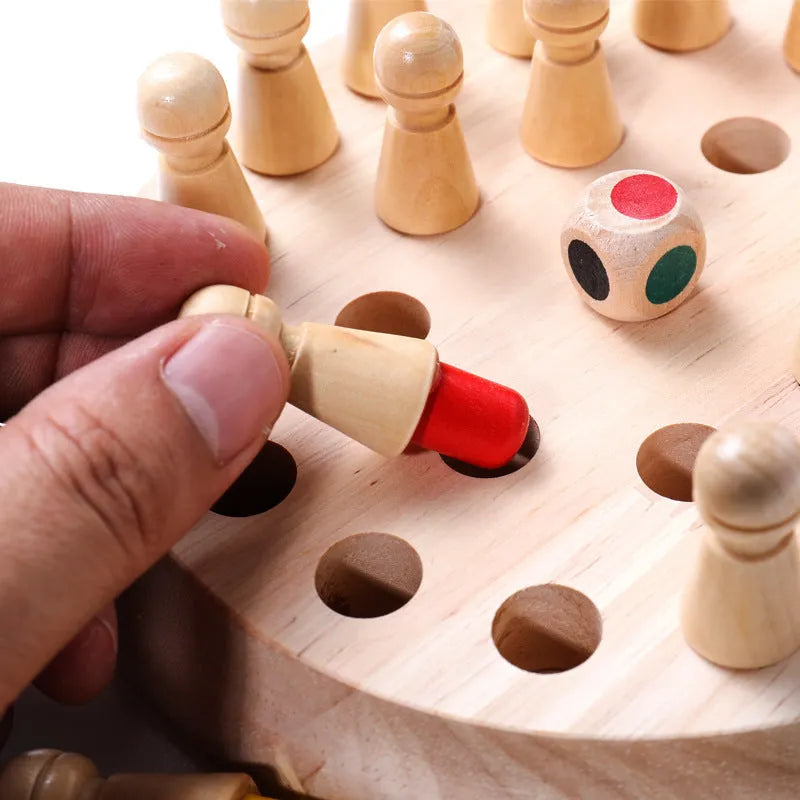 Beech wood memory chess educational game with coloured pieces on 17cm board for children aged 3+