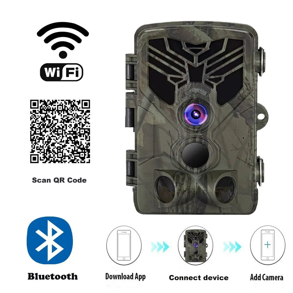 WiFi830 hunting camera with camouflage design showing display screen and lens