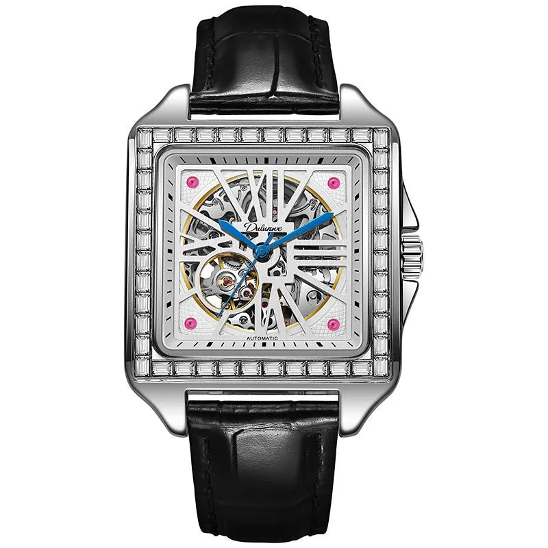 Square diamond-studded automatic watch for men in business style with black or white options