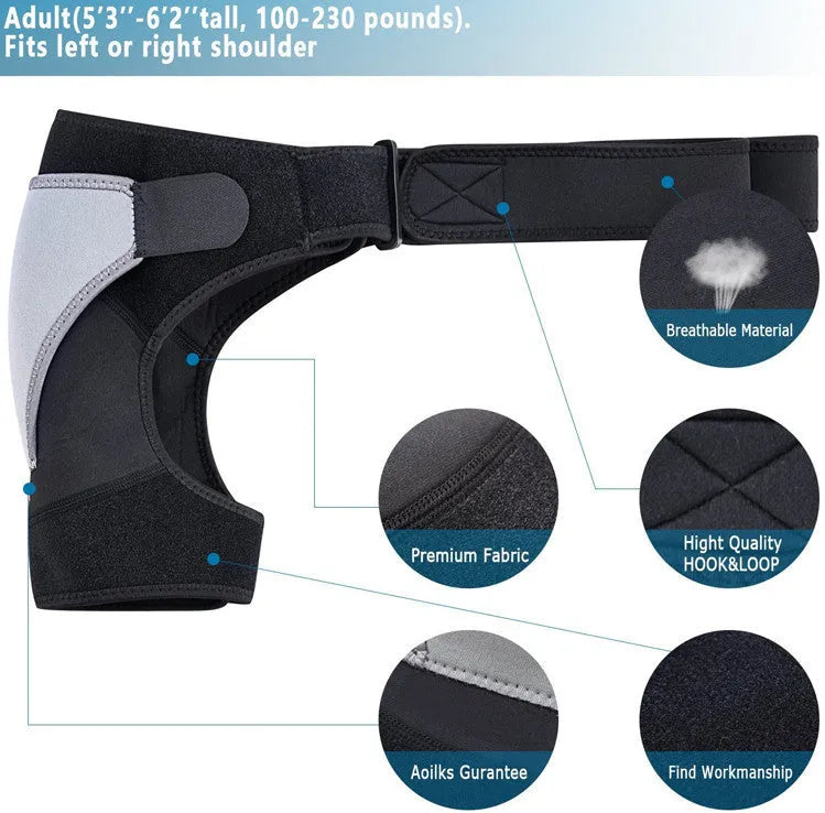 Black neoprene shoulder brace for rotator cuff support with adjustable elastic strap