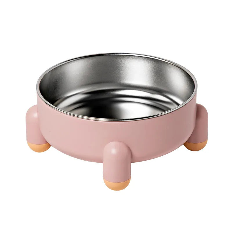 Stainless steel pet bowl with non-slip base and high foot in pink, green, or white colour.