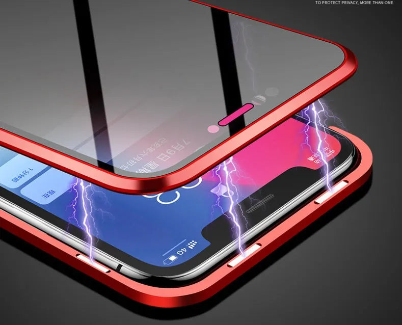 Black clamshell anti-peeping magnetic phone case for Samsung Galaxy shown open and closed.