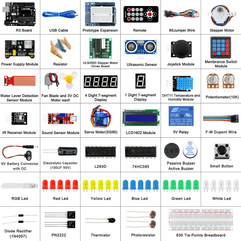 Arduino Uno R3 Super Starter Kit with blue development board, breadboard, electronic components, and CD.