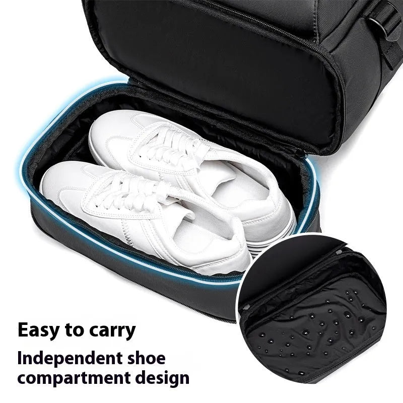 Black Oxford cloth travel bag with USB interface, curved shoulder strap, and 16-inch computer fit