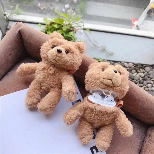 Brown plush cartoon animal silicone case for Apple AirPods and AirPods Pro charging case