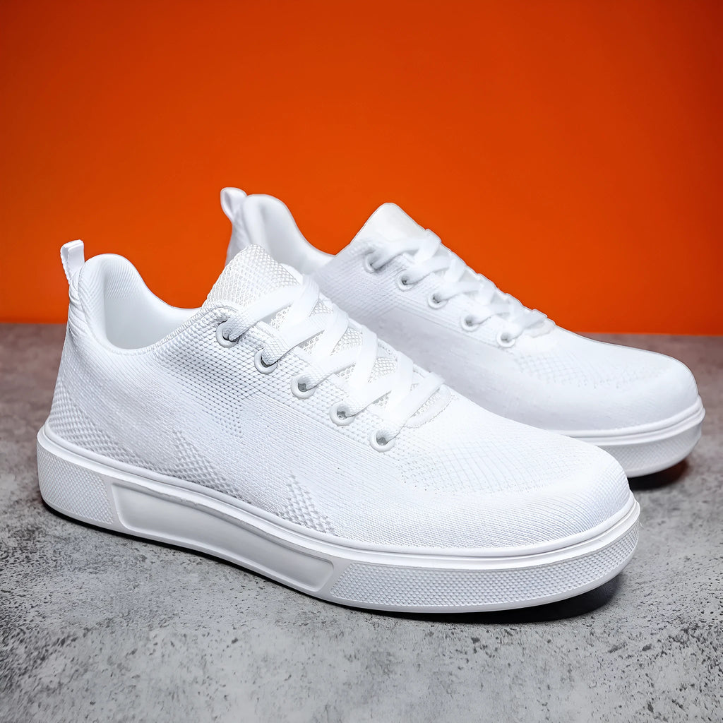 Light white casual board shoes with mesh upper, thick flat EVA sole, and round toe in black and white colour options.