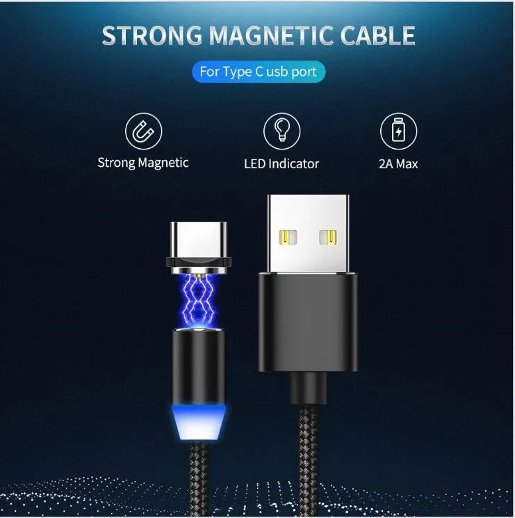 Black cotton braided magnetic charging cable with LED light and three-in-one plug for iPhone and Android phones