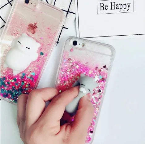 Set of four colourful glitter phone cases featuring cat designs for iPhone models.