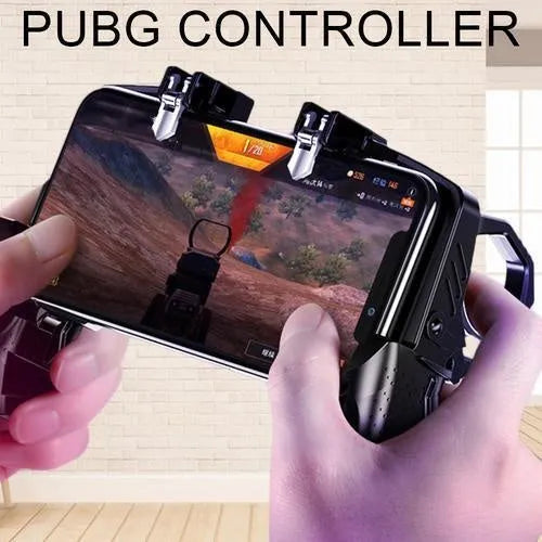 Black multi-function gamepad controller for mobile phones with metal trigger and integrated phone holder