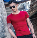 Men's bamboo blend summer t-shirt on a hanger, showing colour options of black, blue, gray, green, red, and white.