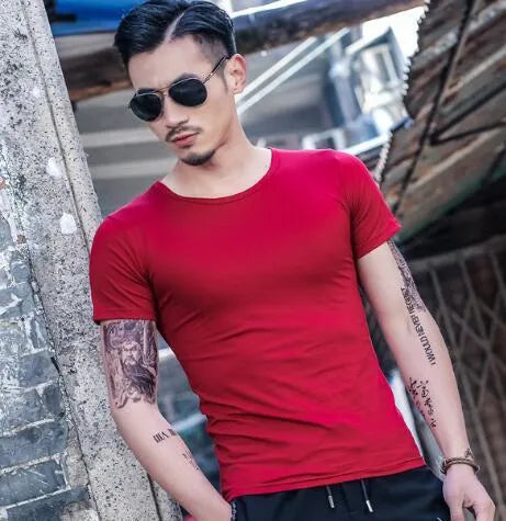 Men's bamboo blend summer t-shirt on a hanger, showing colour options of black, blue, gray, green, red, and white.