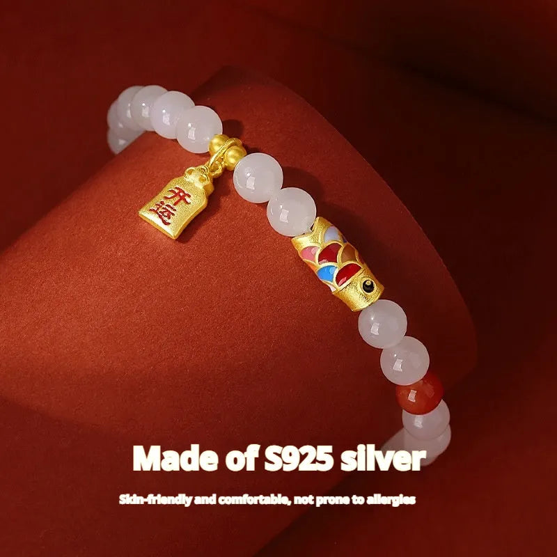 Women's S925 sterling silver koi Hetian jade bracelet with cold enamel craftsmanship