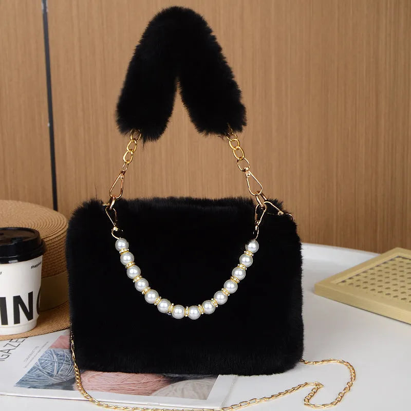 Fashion plush chain crossbody bag in milky white with soft synthetic leather lining and horizontal square shape