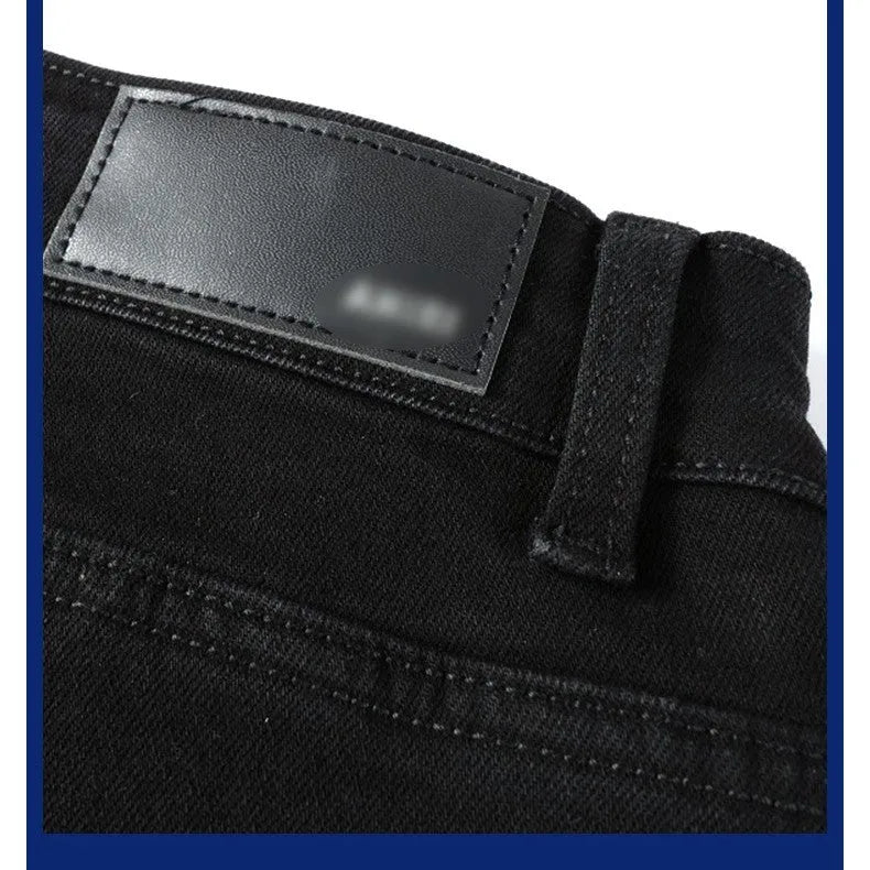 Black pleated jeans for men with double waistband, zip placket and collage splicing detail, 98% cotton