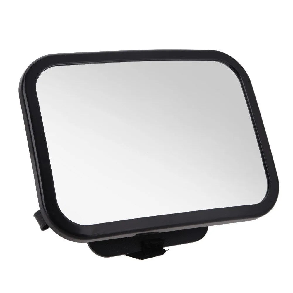 Black baby rear view mirror attached to car headrest with adjustable strap and wide rectangular shape