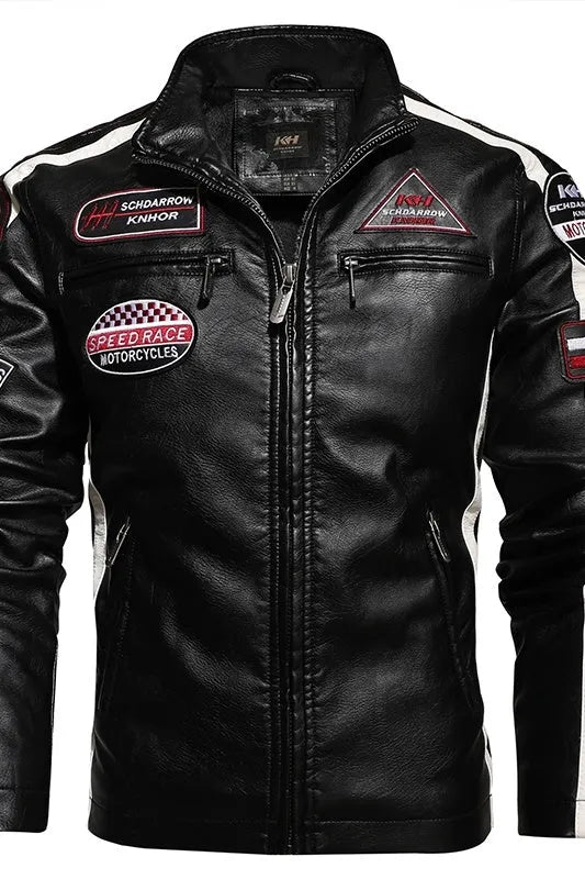 Men's black PU leather slim-fit embroidered jacket with stand-up collar and zipper front