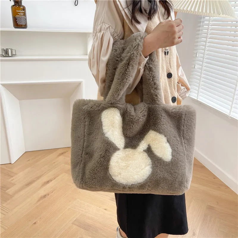 Women's plush tote bag with rabbit ears in solid colour