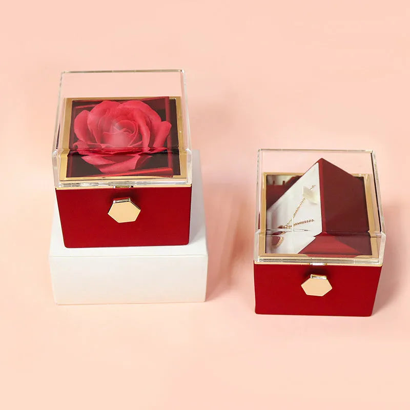 Rotating soap flower rose gift box with transparent acrylic cover showing preserved rose and jewellery drawer