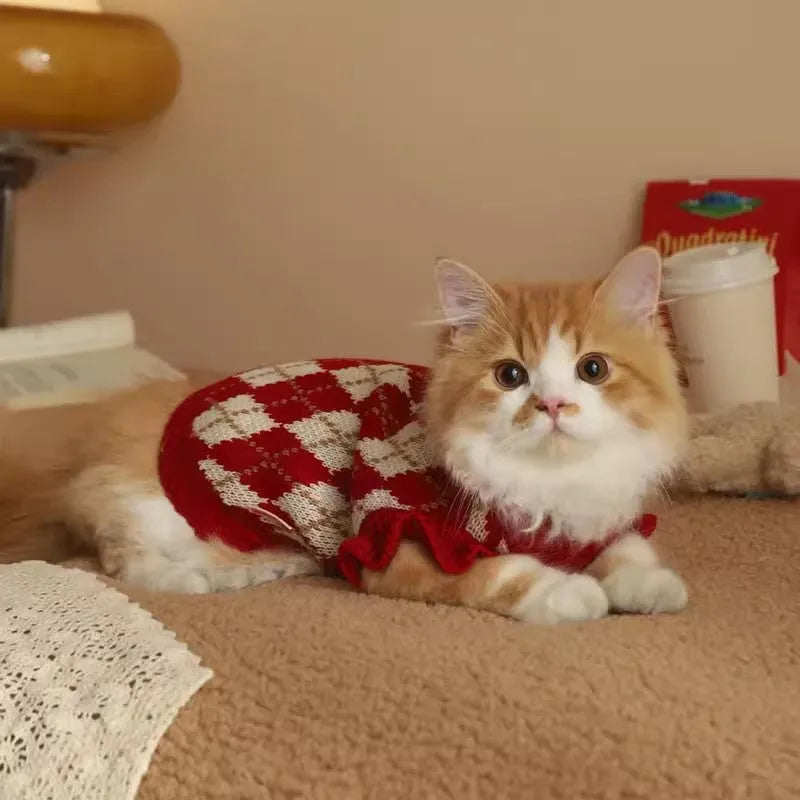 Red cat sweater with rhombic embroidery pattern for autumn and winter wear