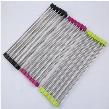 Folding stainless steel kitchen sink drain rack with dish drying tubes in red colour
