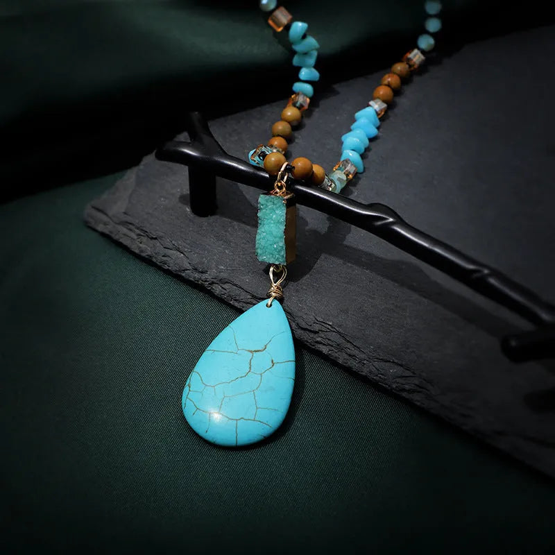 Turquoise blue water drop pendant necklace with mixed gem inlay and ball bead chain