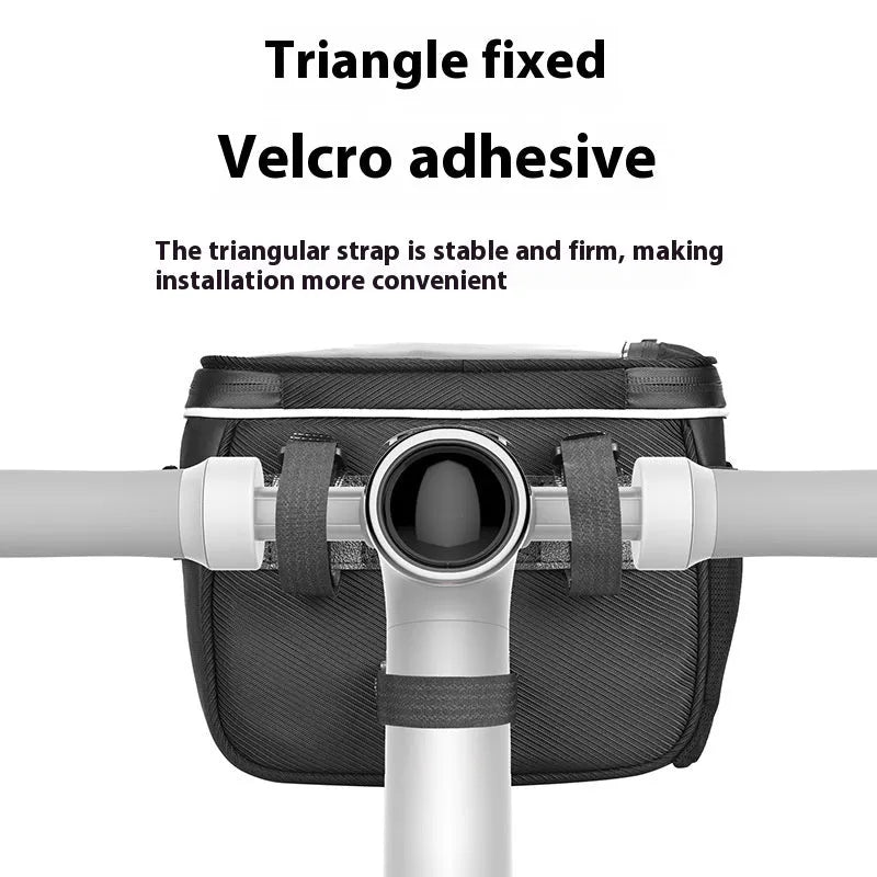 Black 7-inch bicycle handlebar bag with scooter head folding design mounted on bicycle