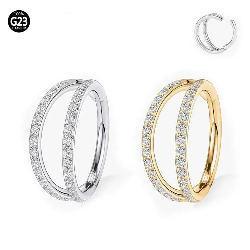 G23 titanium alloy nose ring with zircon detail in gold and steel colours, showing 1.0mm and 1.2mm diameter options.
