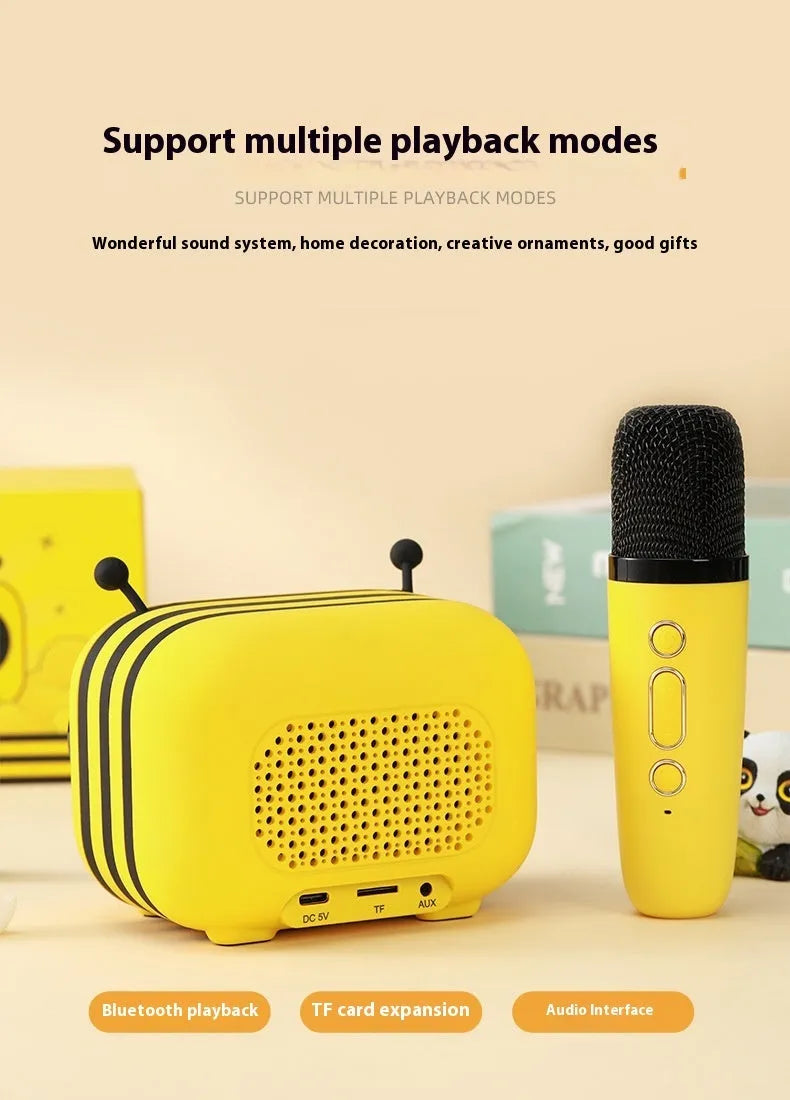 Lemon yellow karaoke integrated microphone Bluetooth speaker for household use, top-down view