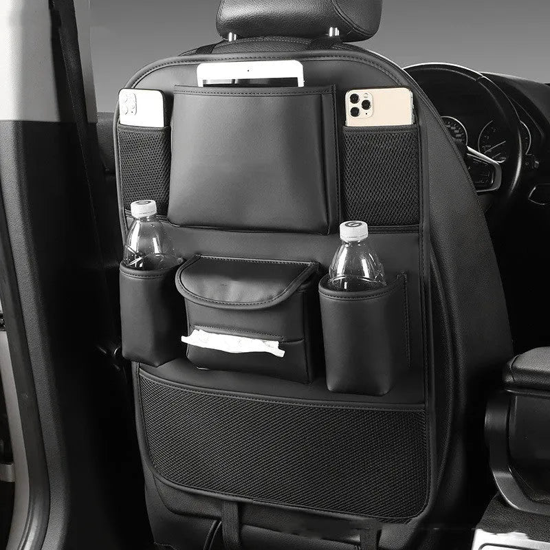 Genuine leather car seat back storage bag in black, grey, green, or brown colour options