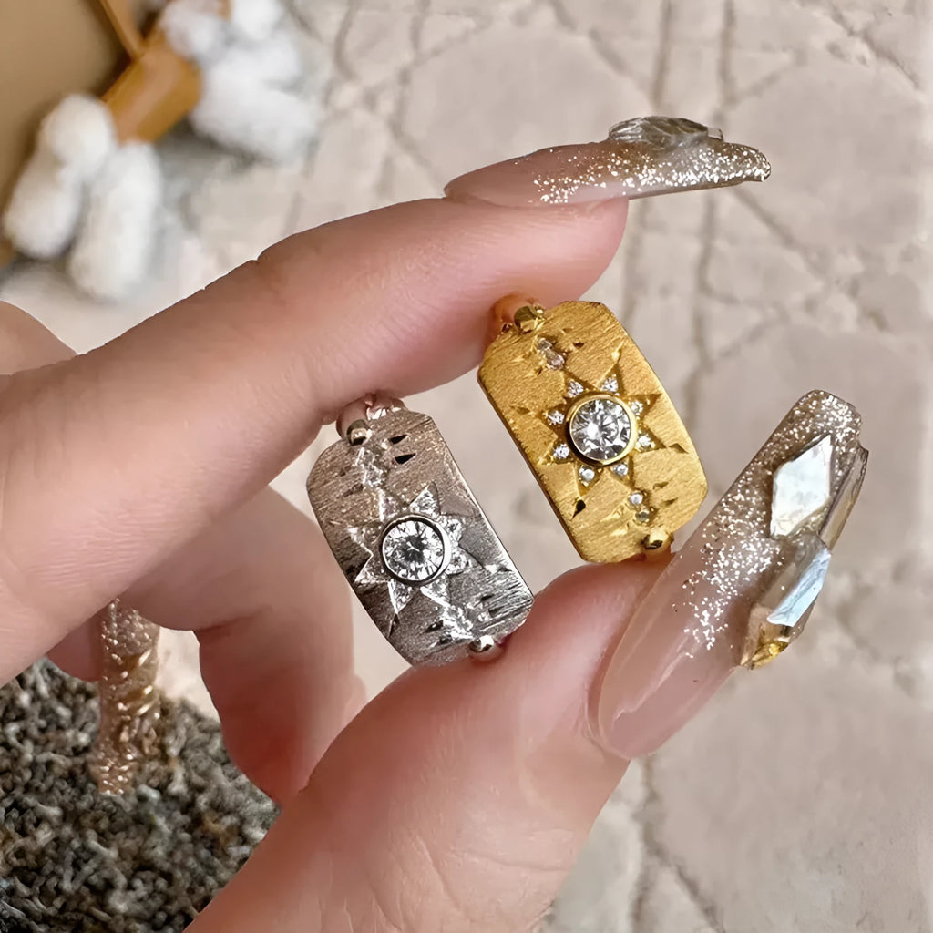 Ancient Faralis Hexagram Point Diamond Ring open mouth adjustable copper ring in gold geometric Korean style