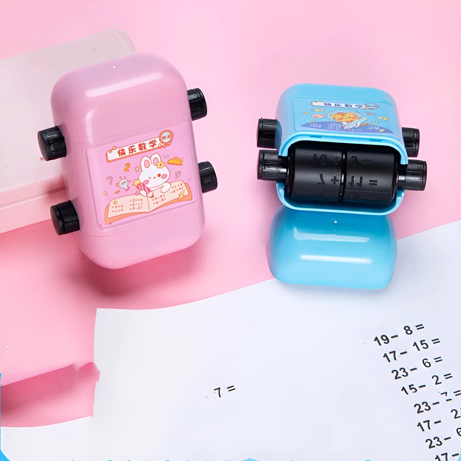 Colour‑coded children's maths training seals for addition, subtraction, multiplication and division practice.