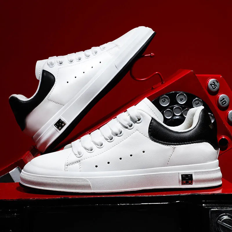 Men's height increasing leisure sneakers, black, 6cm hidden elevator, round toe, lace-up front