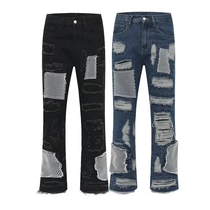 Men's heavy industry hole and patch straight jeans in black or blue, mid waist, cotton, sizes XL 2XL 3XL