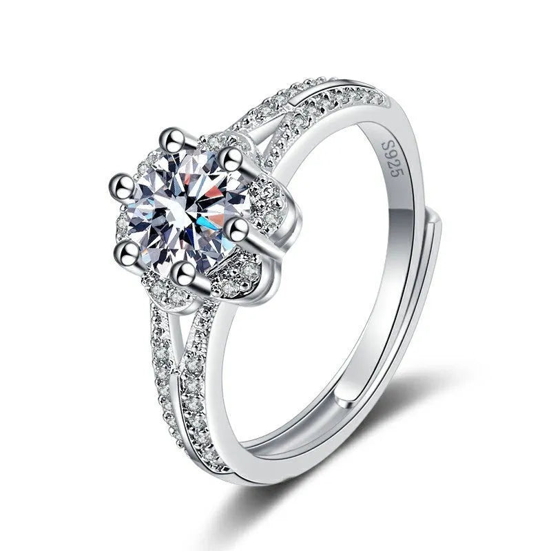 White gold colour copper ring with round 6.5mm moissanite stone and adjustable opening
