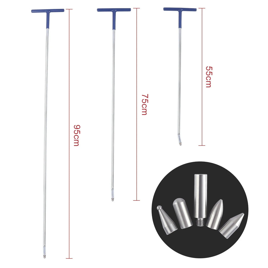 Three alloy steel car dent repair tools: hooks and a crowbar for vehicle panel restoration.