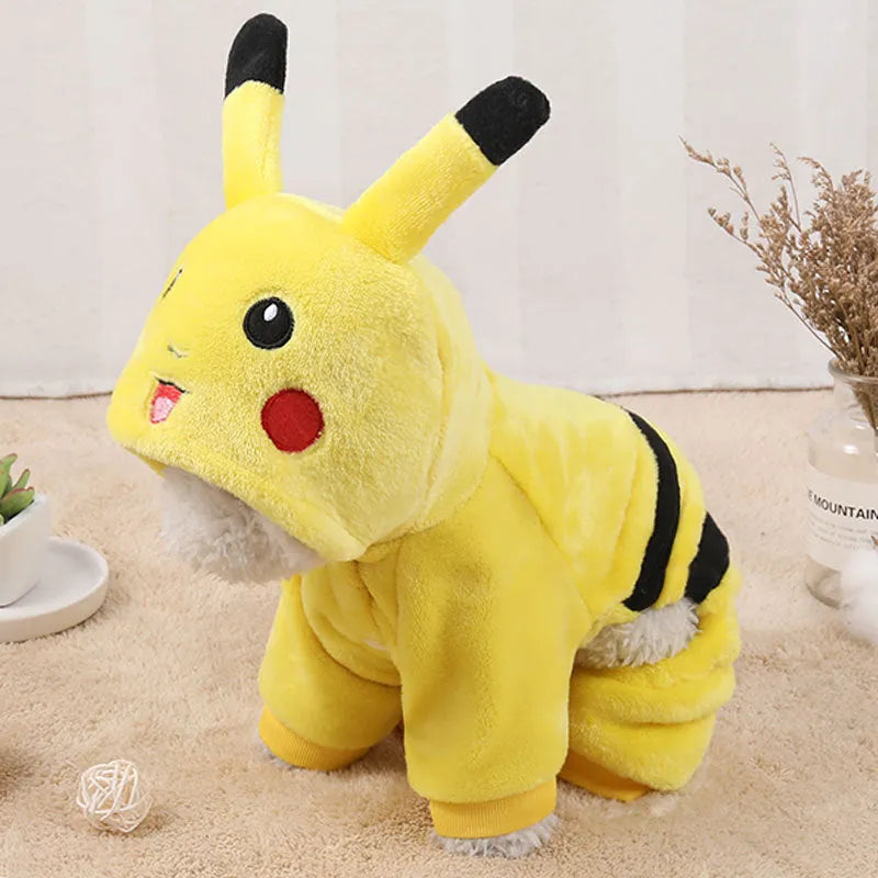 Dog or cat wearing a cartoon-style fleece hooded coat in a cosplay design.