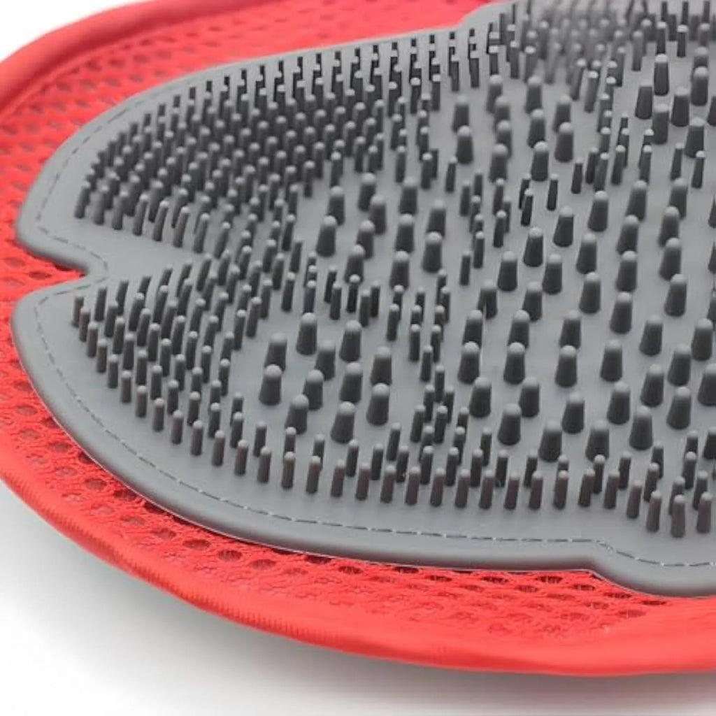 Red pet bathing glove with integrated grooming brush for dog and cat hair removal during bath time