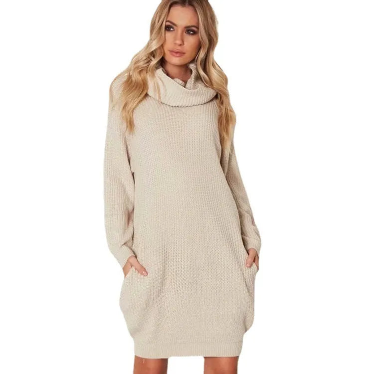 Acrylic imitation cashmere mid-length pullover sweater with a loose lapel and side pockets in apricot colour.