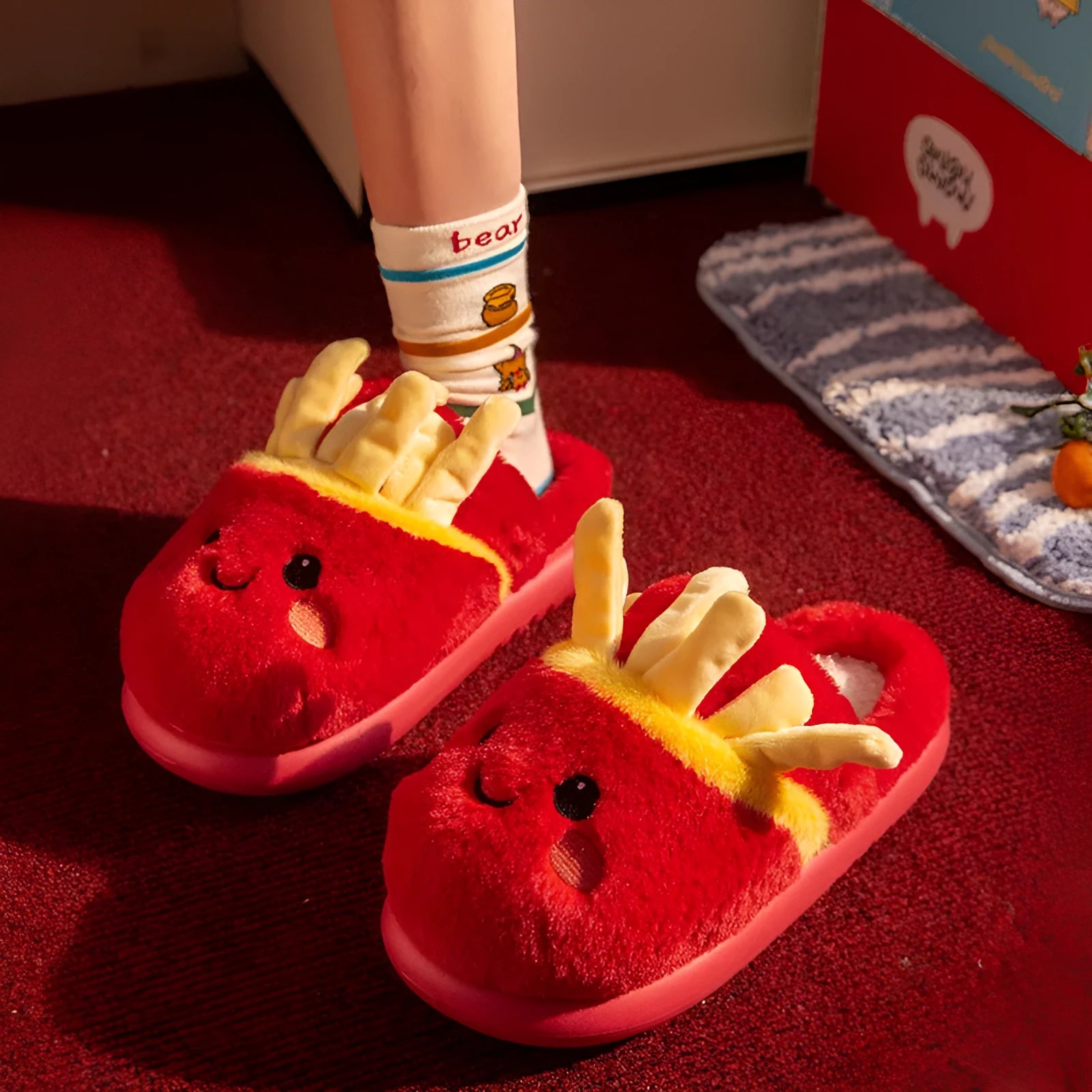 New indoor cotton slippers for women with suede upper and EVA sole, French fries design, available in multiple sizes.