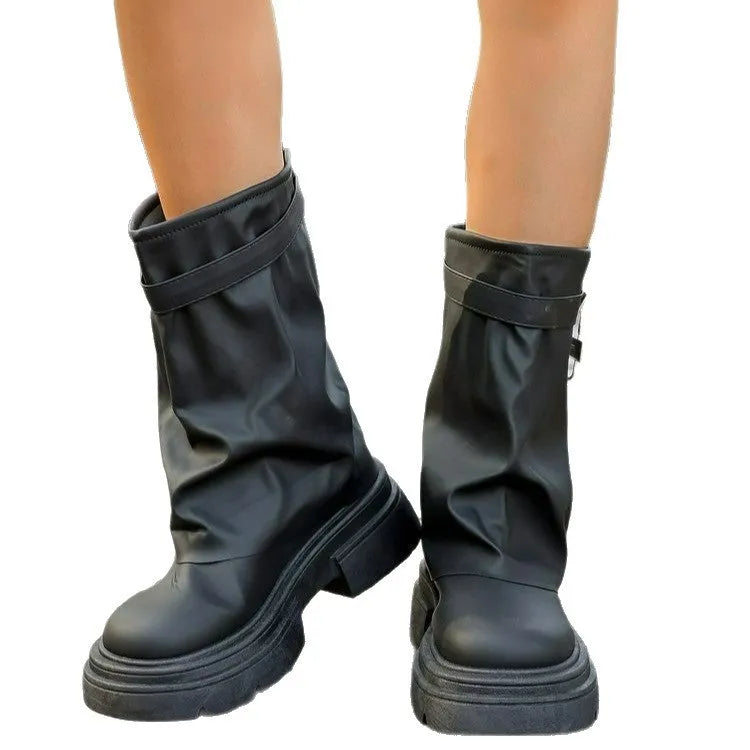 Black women's synthetic leather Martin boots with thick sole, side zipper, and round toe