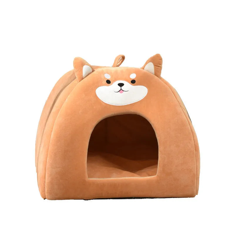 A cage-style cloth cat bed suitable for autumn and winter, shown in available S, M, and L sizes.