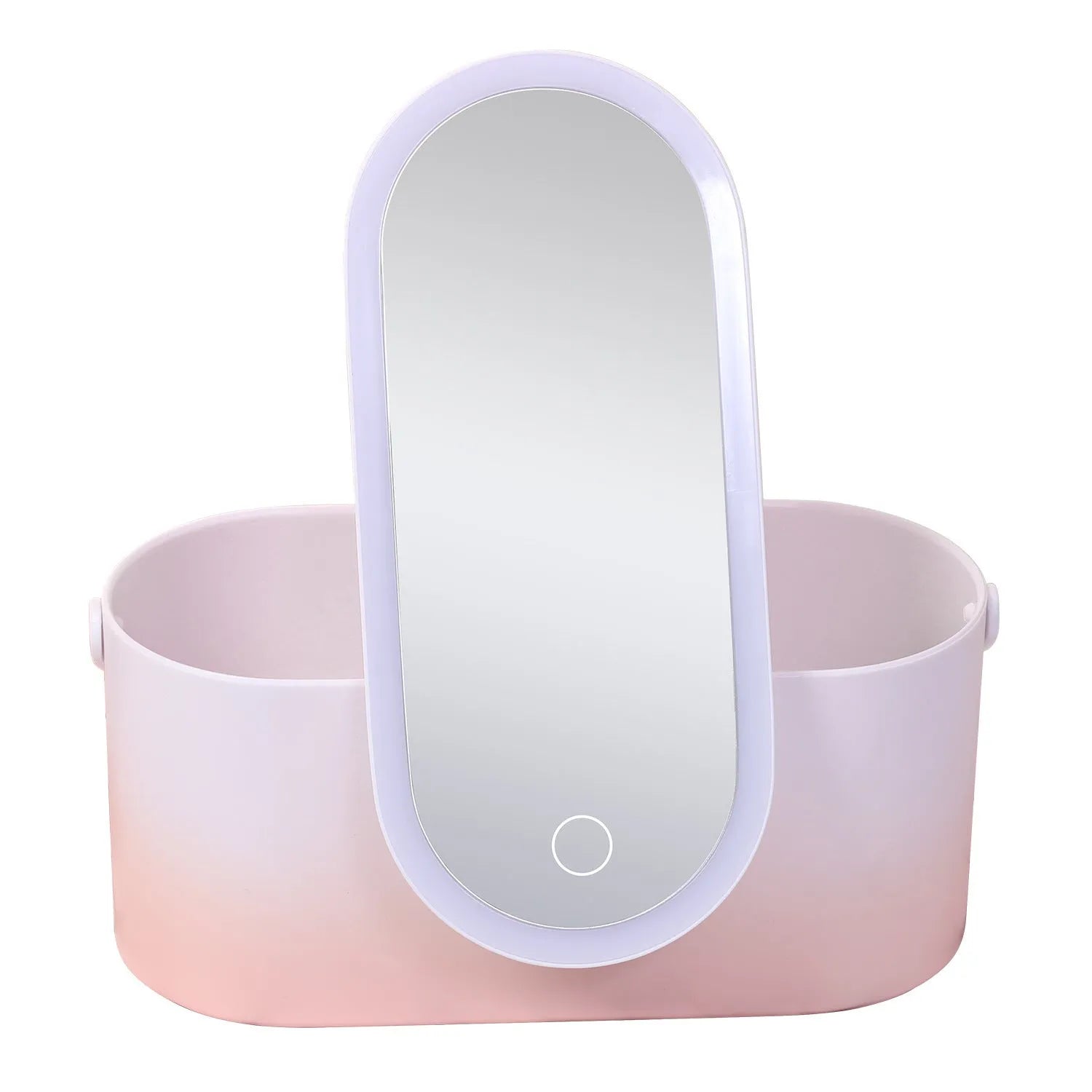 Pink gradient portable makeup storage box with built-in LED mirror, showing USB port and compact dimensions.