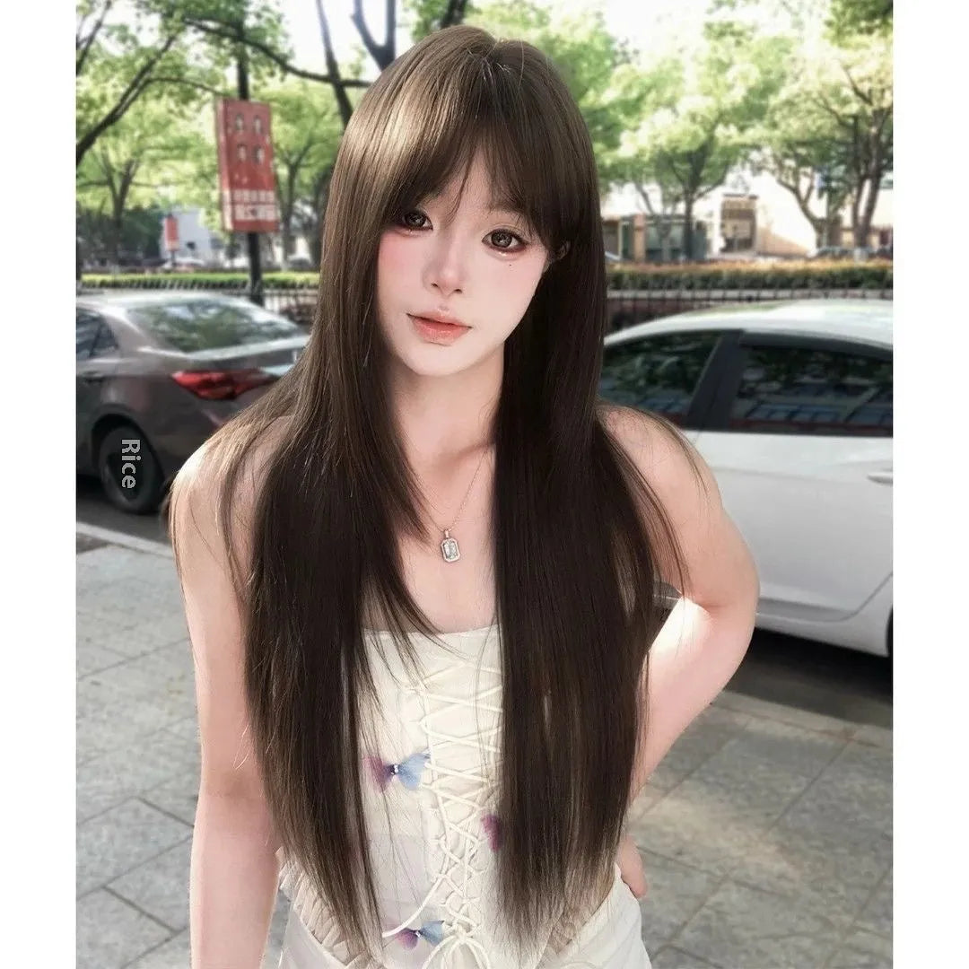 High-temperature fibre wig in black tea brown colour with head cover for ladies hair replacement