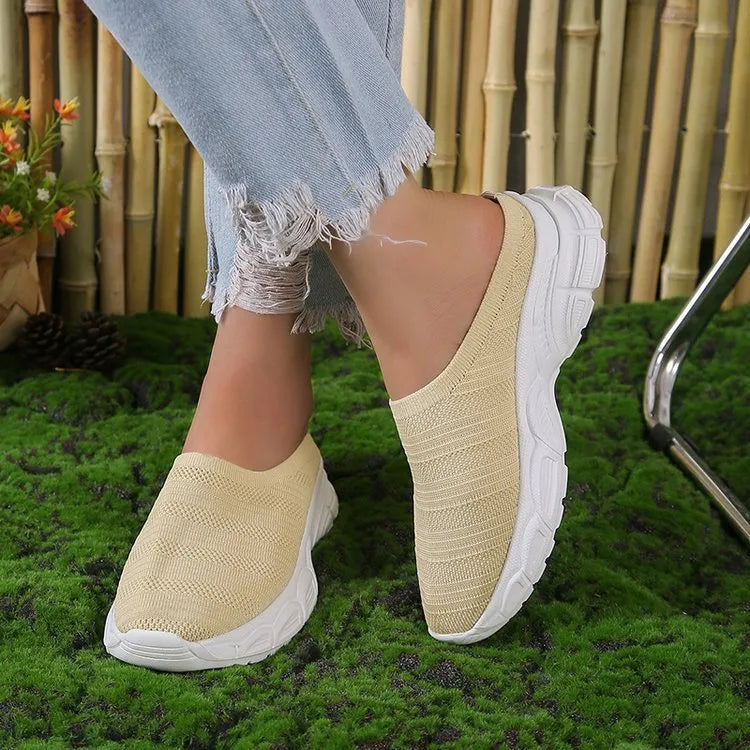 Women's mesh casual wedge heel slipper in beige with round toe and rubber sole