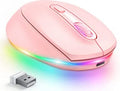 Light grey wireless ergonomic mouse with USB charging cable on a wooden desk.