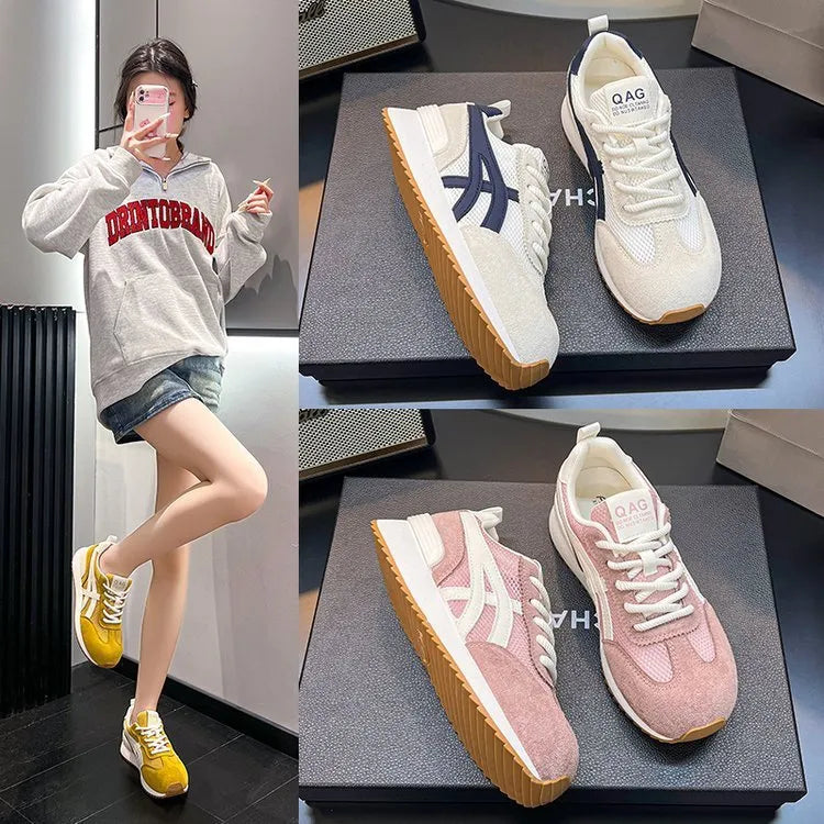 Women's casual lace-up sneakers in pink, white, or yellow with a non-slip sole and cloth lining.